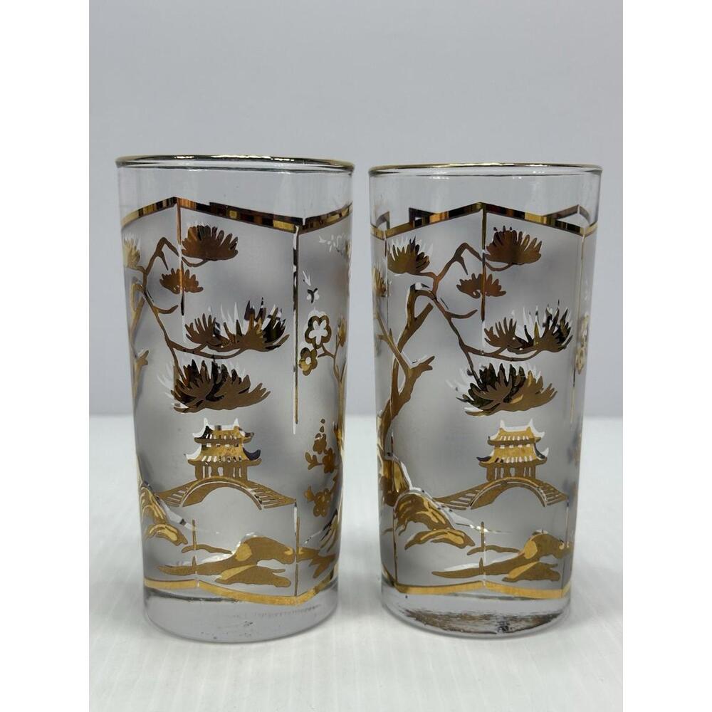2 Vintage Asian Gold Leaf Frosted High Ball Glasses Pagoda Lotus Tree Cocktail